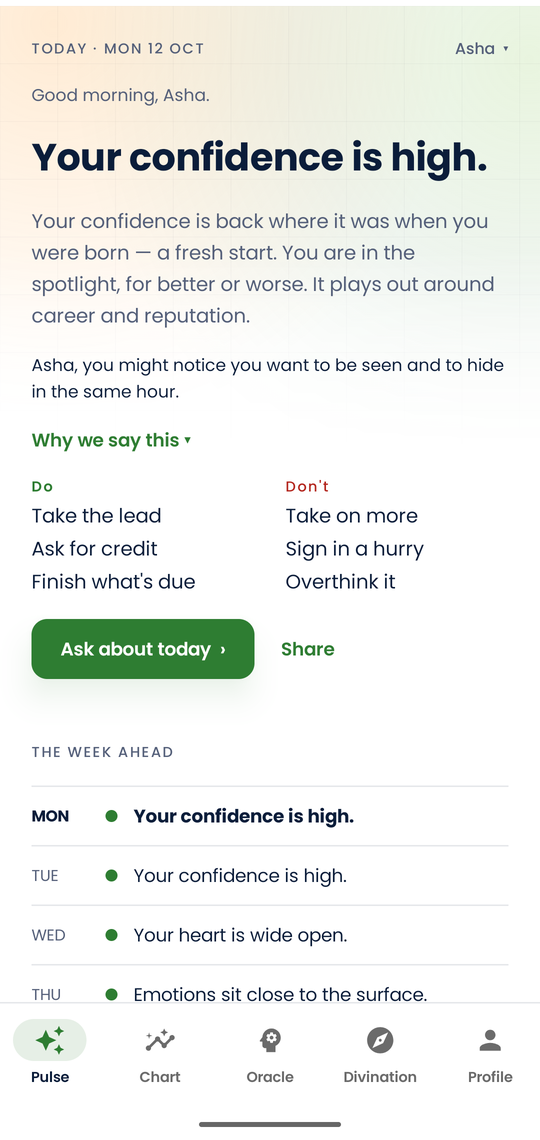 Netruve Pulse screen: today's reading in plain words, with things to do and avoid